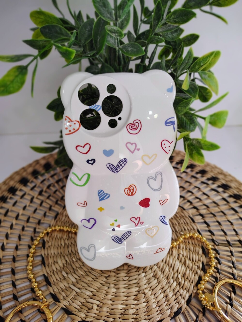 White Bear IPhone 15 Pro Max Case with Multicolor Hearts